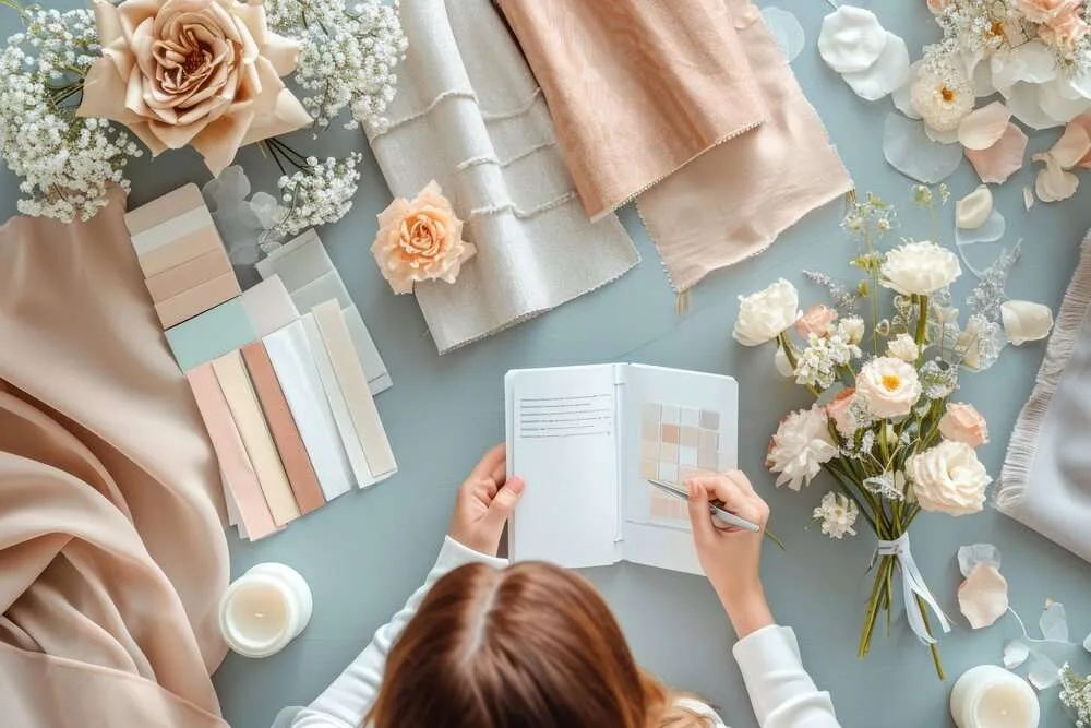 A beautifully arranged selection of wedding planning elements including delicate invitations, lace, and pastel florals on a rustic wooden surface.